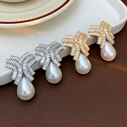 Madeline Crystal Bow Pearl Earrings
