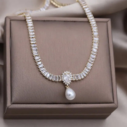 Olivia Crystal Pearl Drop Necklace