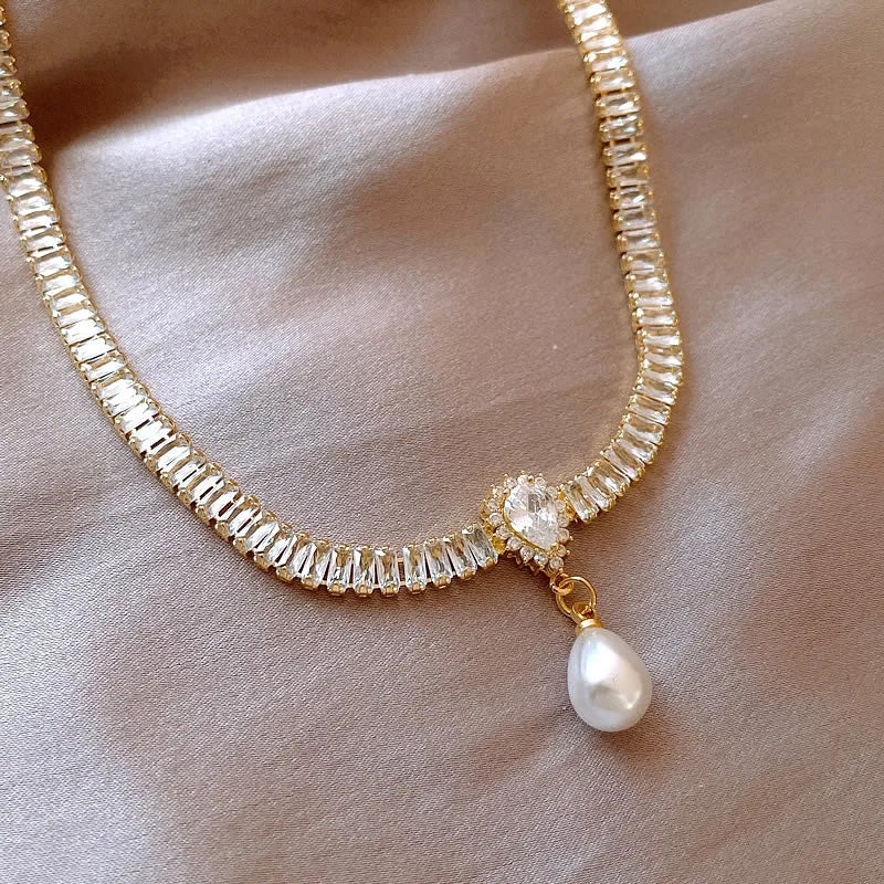 Olivia Crystal Pearl Drop Necklace